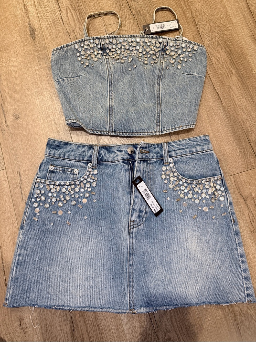 Steve Madden Light Blue Denim Mini Skirt with Crystal Embellishments